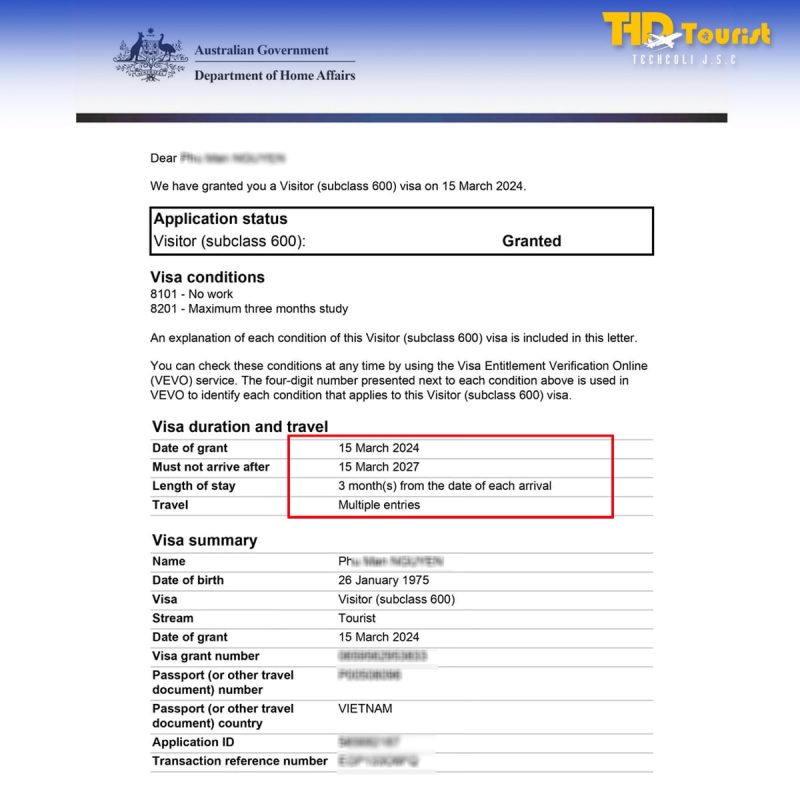 Kết quả visa Úc cho Khách_THD Tourist